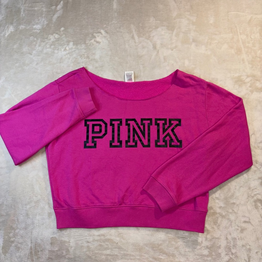 Victoria's Secret PINK Sweatshirt Magenta Pink Black Logo Wide Neck Large